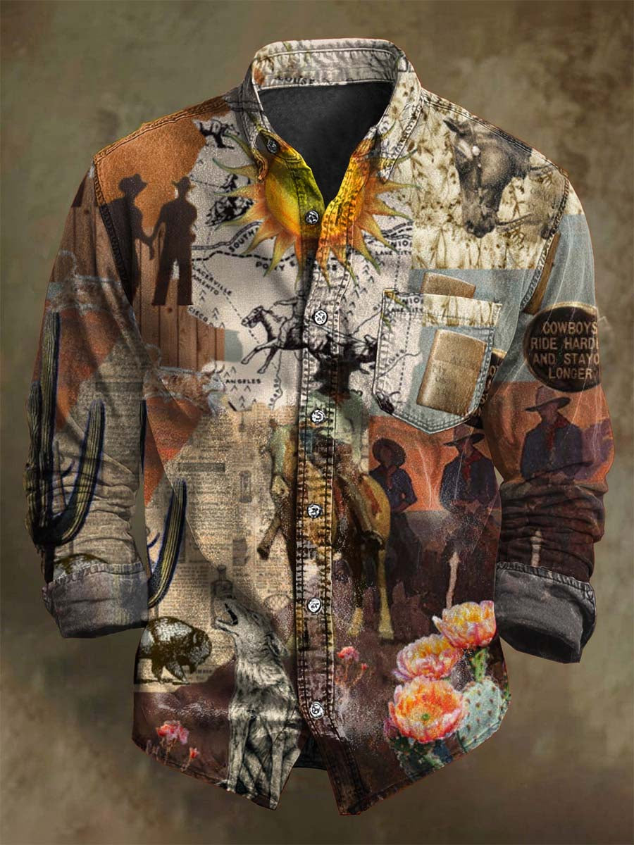 Abstract Western Cowboy Puzzle Print Casual Long-Sleeve Shirt