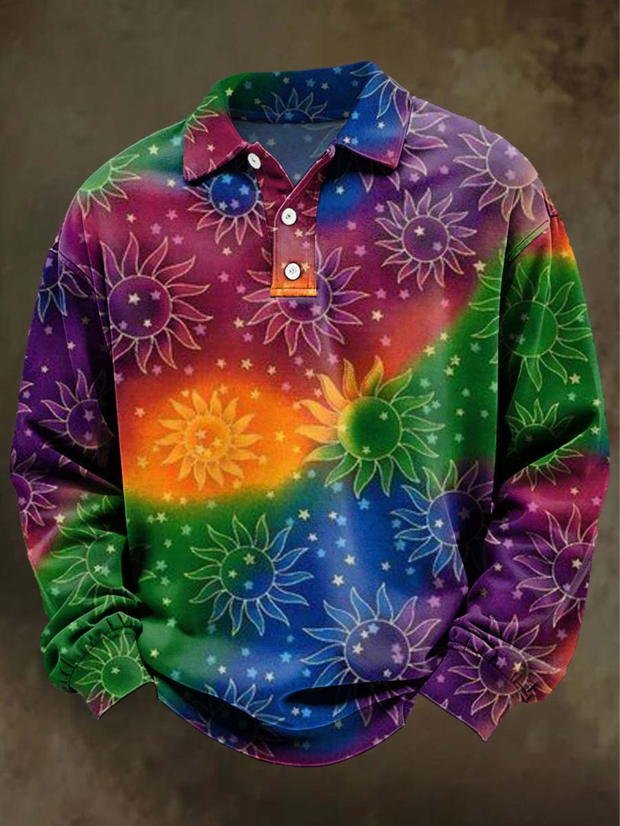 Abstract Colorful Sun Print Casual Long-Sleeve Polo Shirt