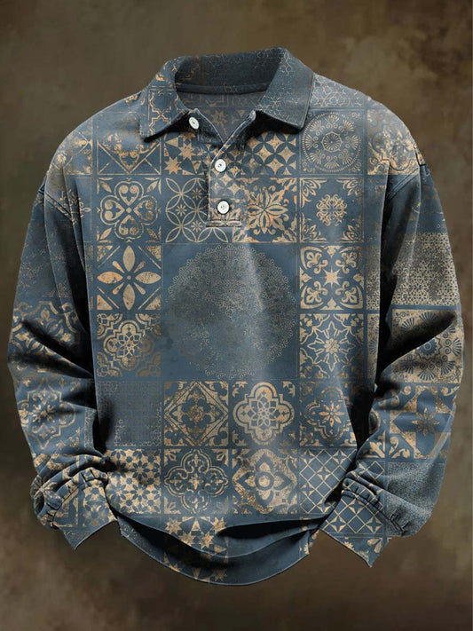 Retro Floral Plaid Print Casual Long-Sleeve Polo Shirt