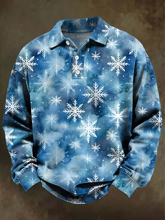Christmas Snowflake Print Casual Long-Sleeve Polo Shirt