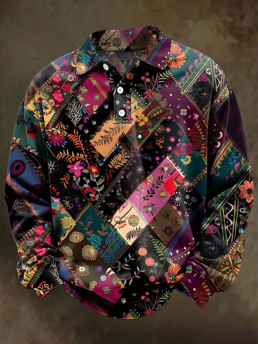 Retro Floral Patchwork Plaid Print Casual Long-Sleeve Polo Shirt