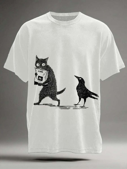 Funny Cat and Crow Print Casual Short-Sleeve T-Shirt