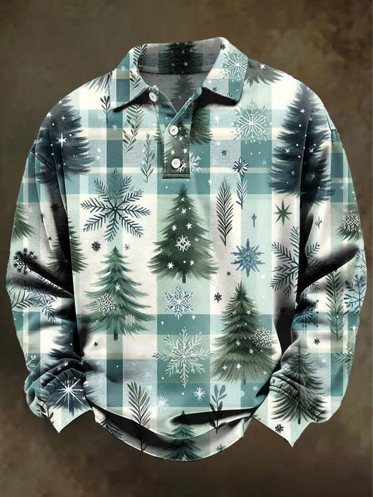 Christmas Tree Plaid Print Casual Long-Sleeve Polo Shirt