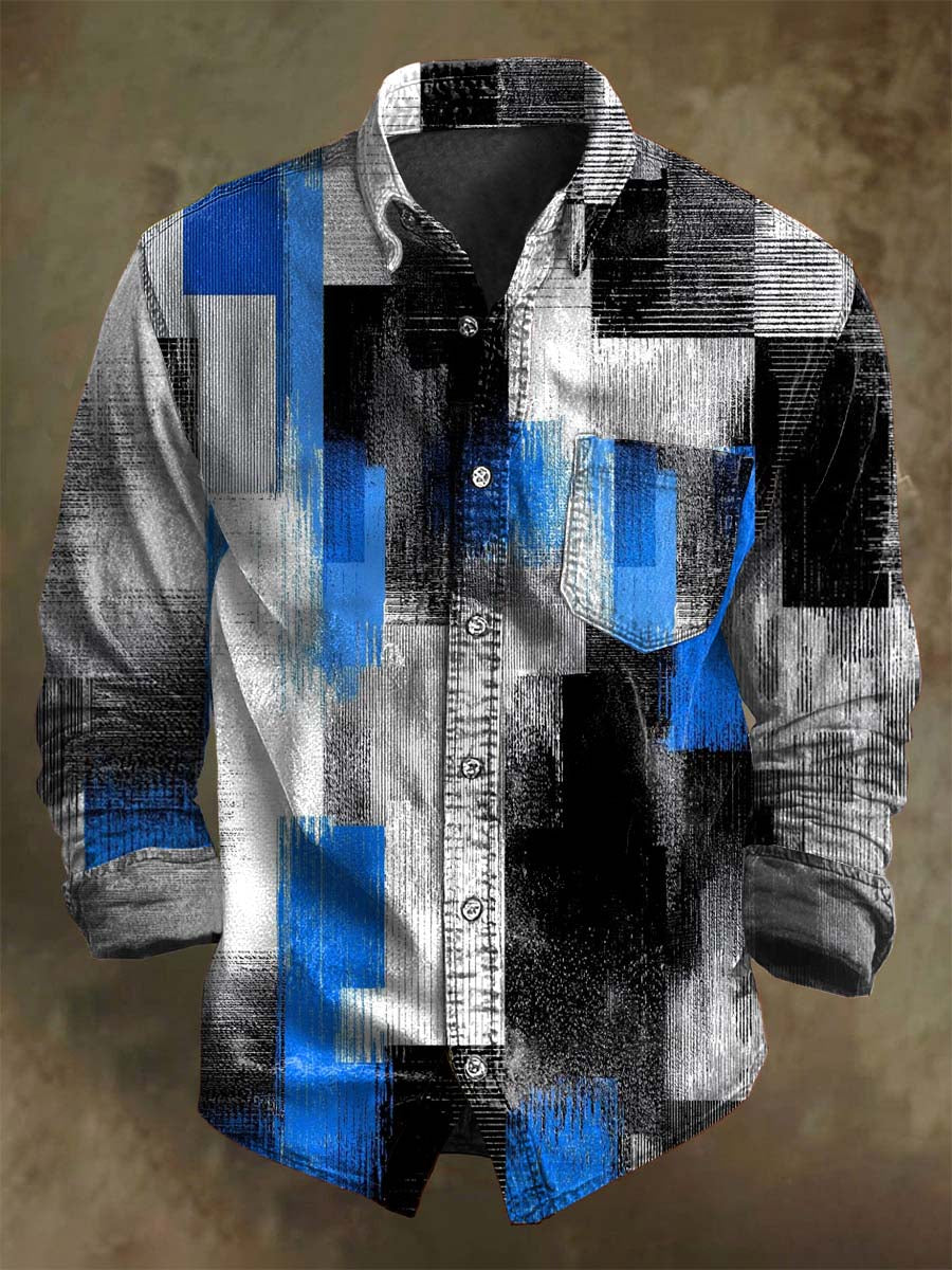 Abstract Gradient Irregular Check Print Casual Long-Sleeve Shirt