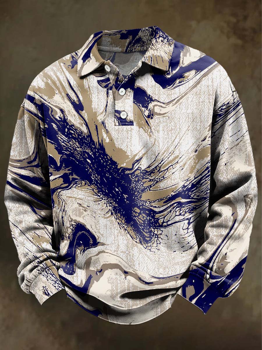 Abstract Color-Blocked Print Casual Long-Sleeve Polo Shirt