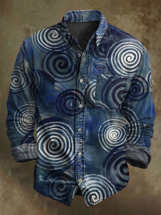 Abstract Swirl Circle Print Casual Long-Sleeve Shirt