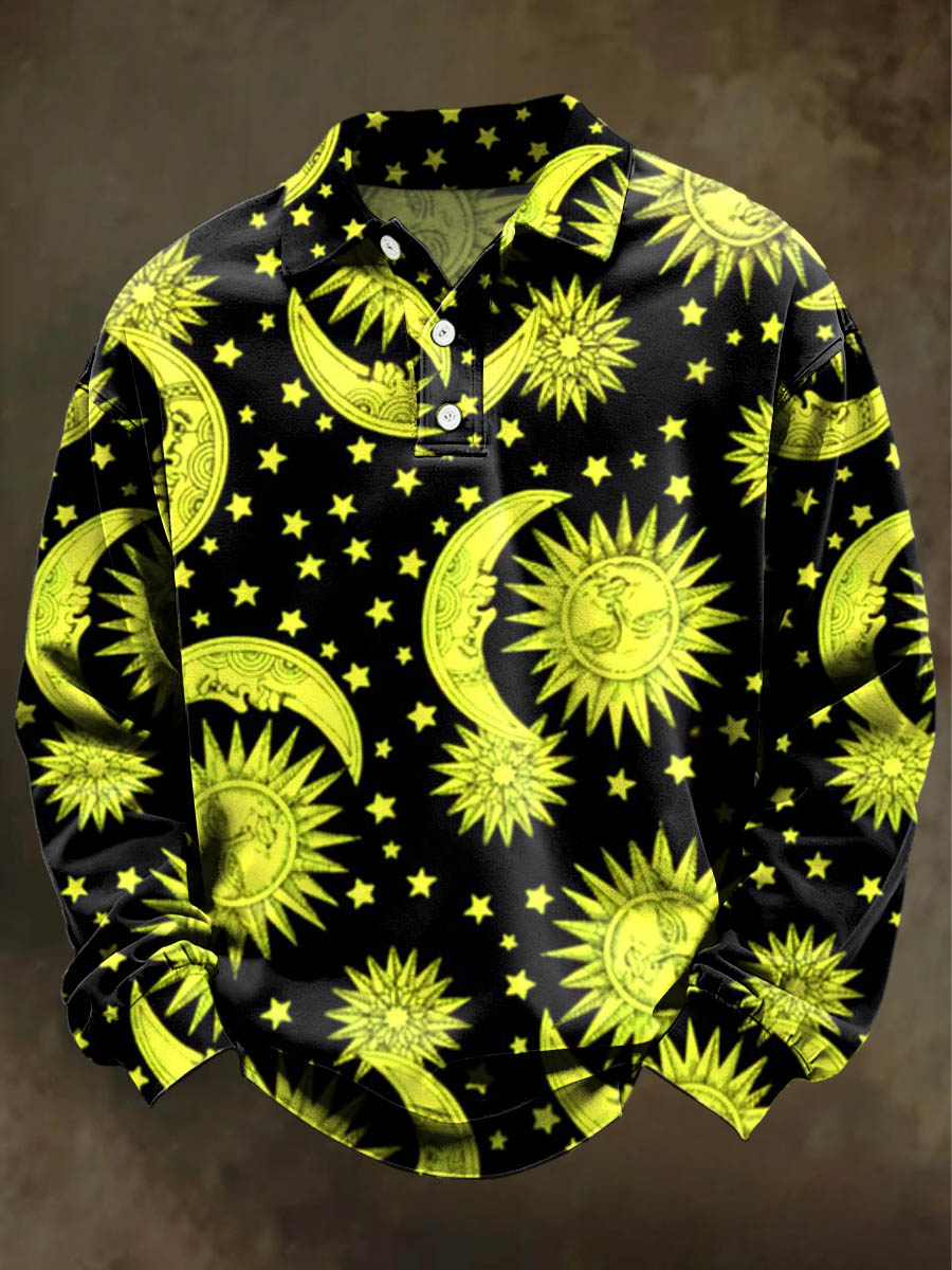 Abstract Sun and Moon Print Casual Long-Sleeve Polo Shirt