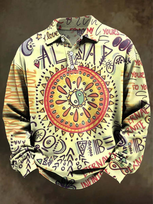 Abstract Sun Print Casual Long-Sleeve Polo Shirt