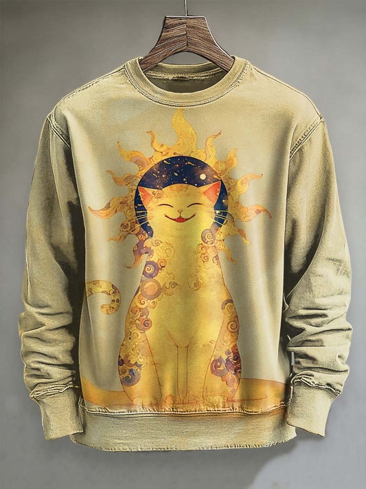 Abstract Sun Cat Print Casual Crewneck Sweatshirt