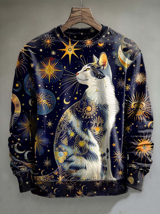 Abstract Sun, Moon, and Stars Cat Print Casual Crewneck Sweatshirt