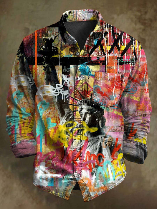 Abstract Doodle-Style Print Casual Long-Sleeve Shirt