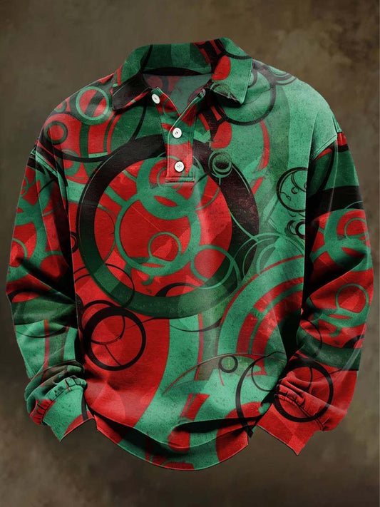 Abstract Art Contrast-Color Print Casual Long-Sleeve Polo Shirt