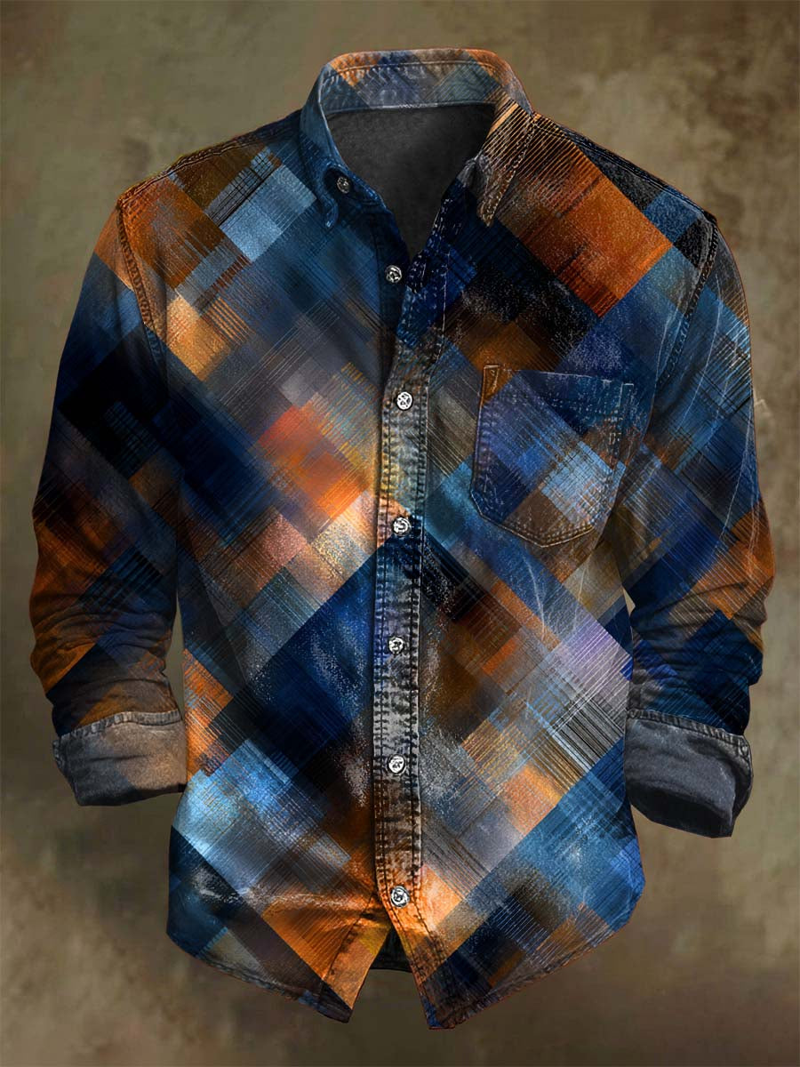 Gradient Plaid Print Casual Long-Sleeve Shirt