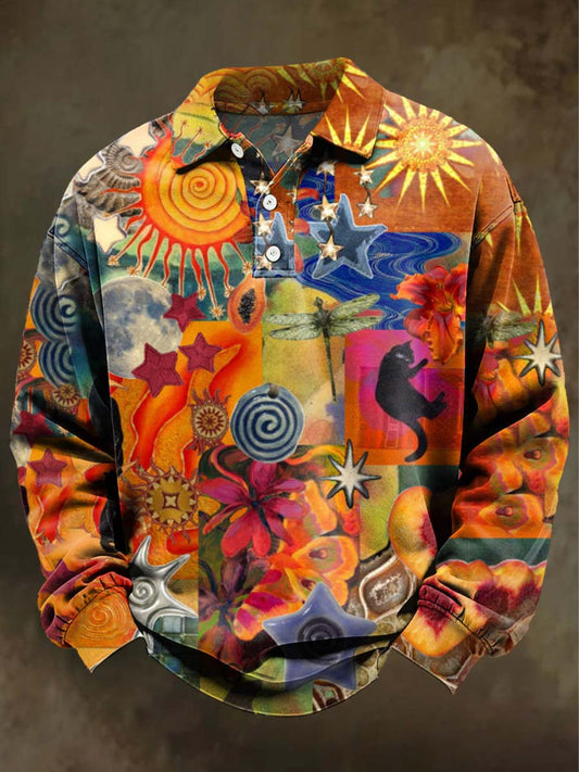 Abstract Art Patchwork Sun Print Casual Long-Sleeve Polo Shirt