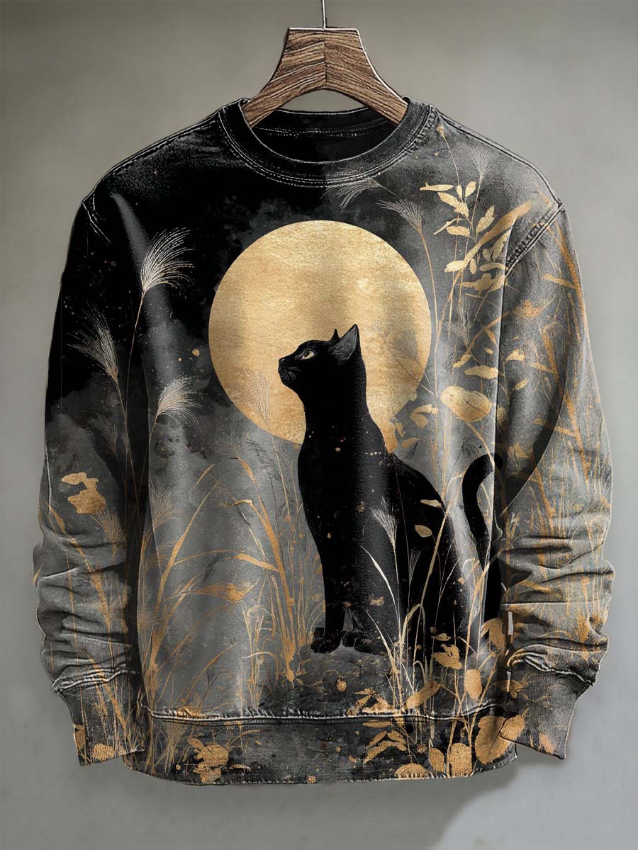 Abstract Moon Cat Print Casual Crewneck Sweatshirt