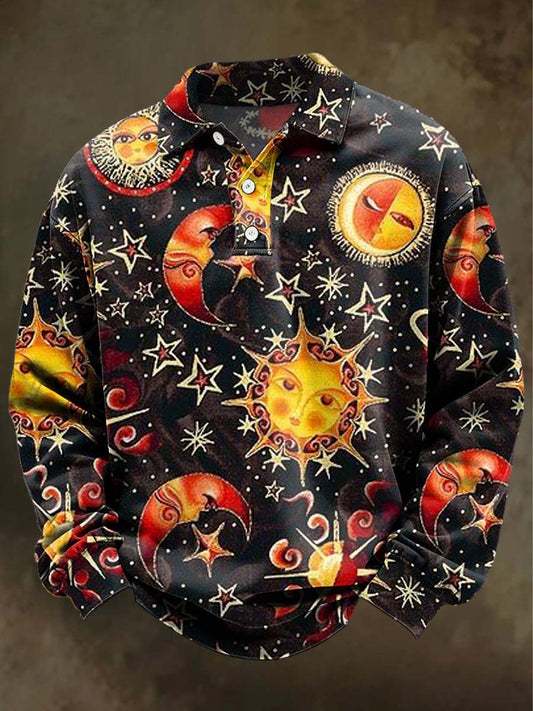 Abstract Sun and Moon Print Casual Long-Sleeve Polo Shirt
