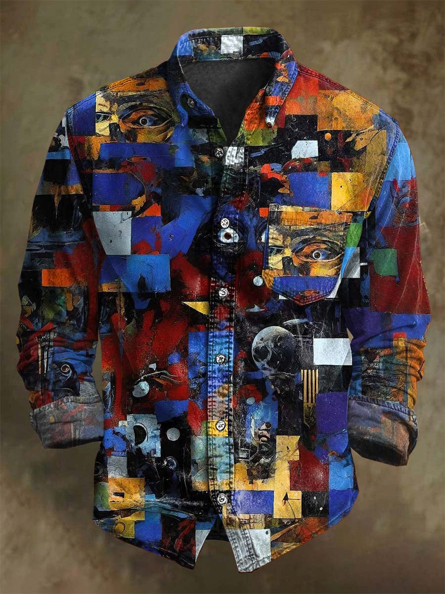 Abstract Geometric Grid Patchwork Print Casual Long-Sleeve Shirt