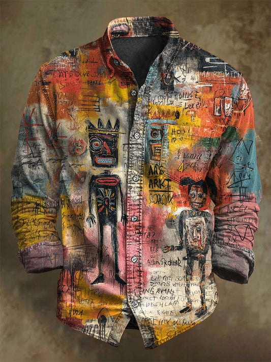 Abstract Doodle-Style Print Casual Long-Sleeve Shirt