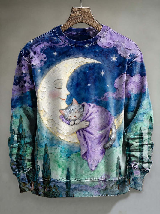 Abstract Moon Cat Print Casual Crewneck Sweatshirt
