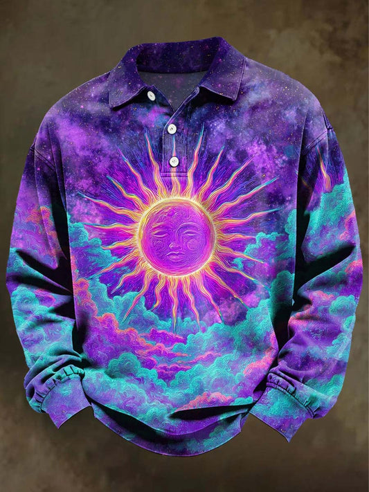 Abstract Fluorescent Sun Print Casual Long-Sleeve Polo Shirt