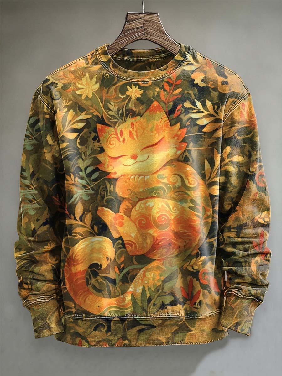 Abstract Floral Cat Print Casual Crewneck Sweatshirt