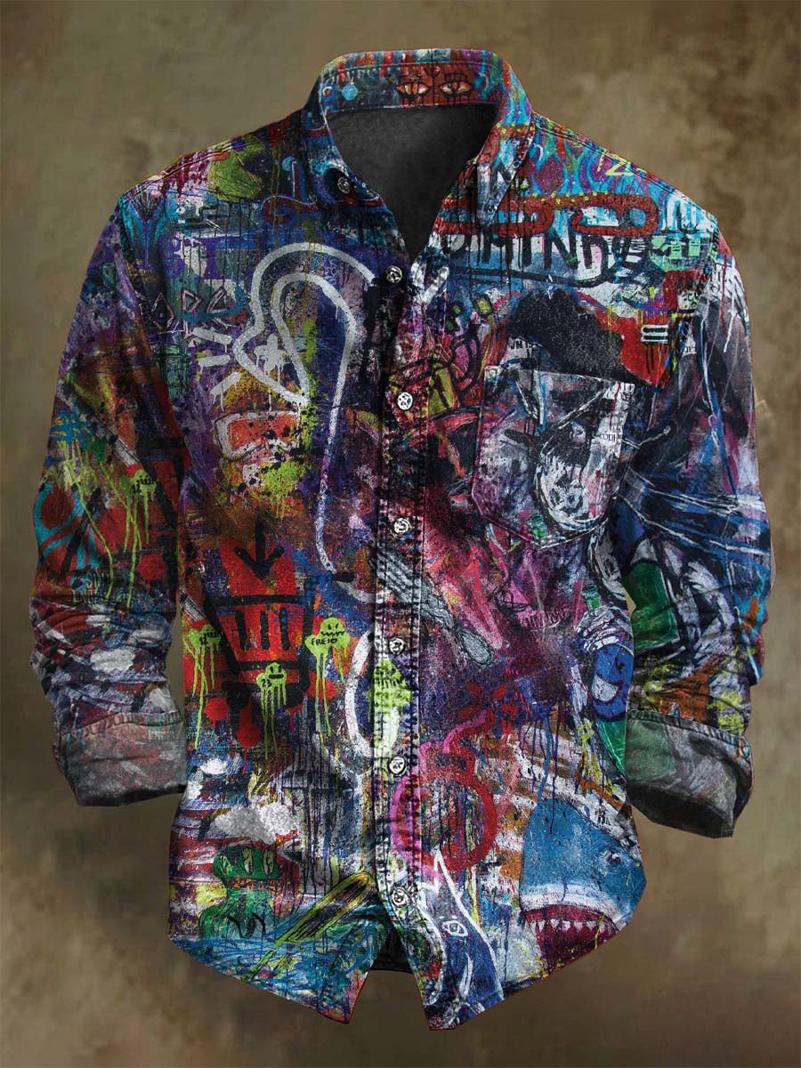 Abstract Doodle-Style Print Casual Long-Sleeve Shirt