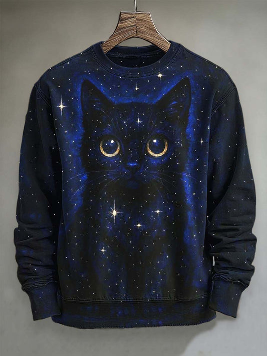 Abstract Starry Cat Print Casual Crewneck Sweatshirt