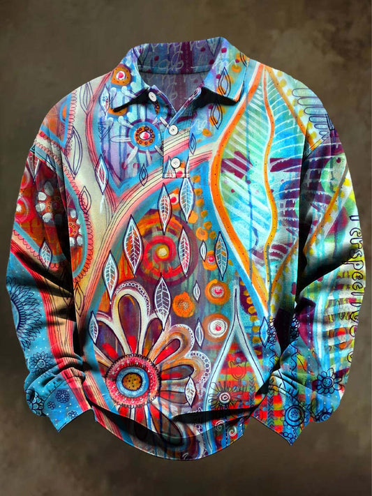Abstract Floral Print Casual Long-Sleeve Polo Shirt