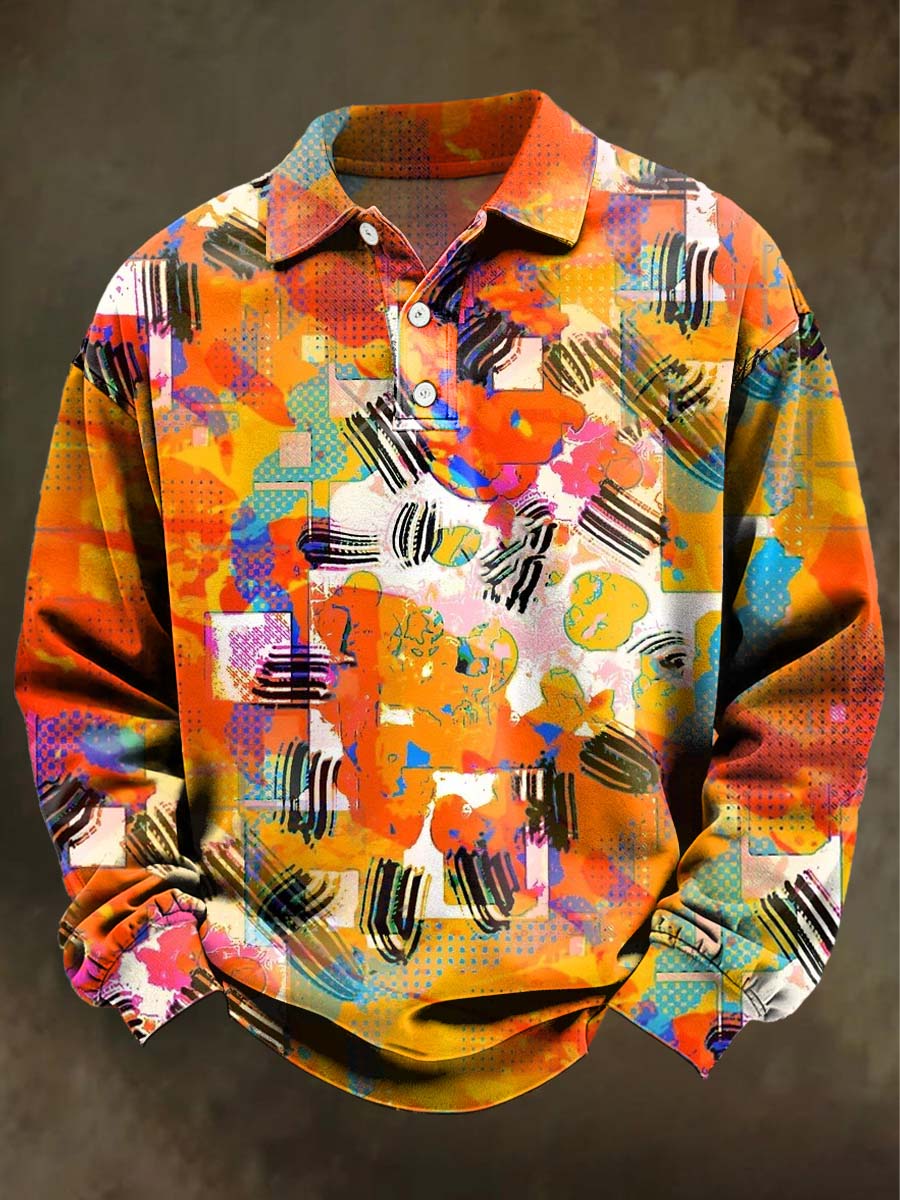 Abstract Art Print Casual Long-Sleeve Polo Shirt