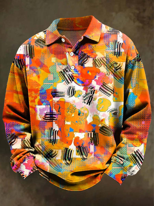 Abstract Art Print Casual Long-Sleeve Polo Shirt