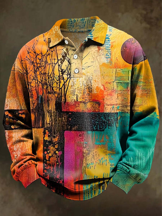 Abstract Oil Painting Color-Blocked Print Casual Long-Sleeve Polo Shirt