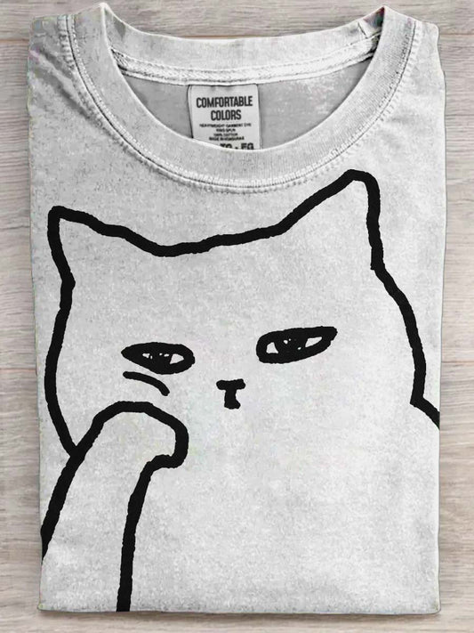Funny Cat with Chin Rest Print Casual Short-Sleeve T-Shirt