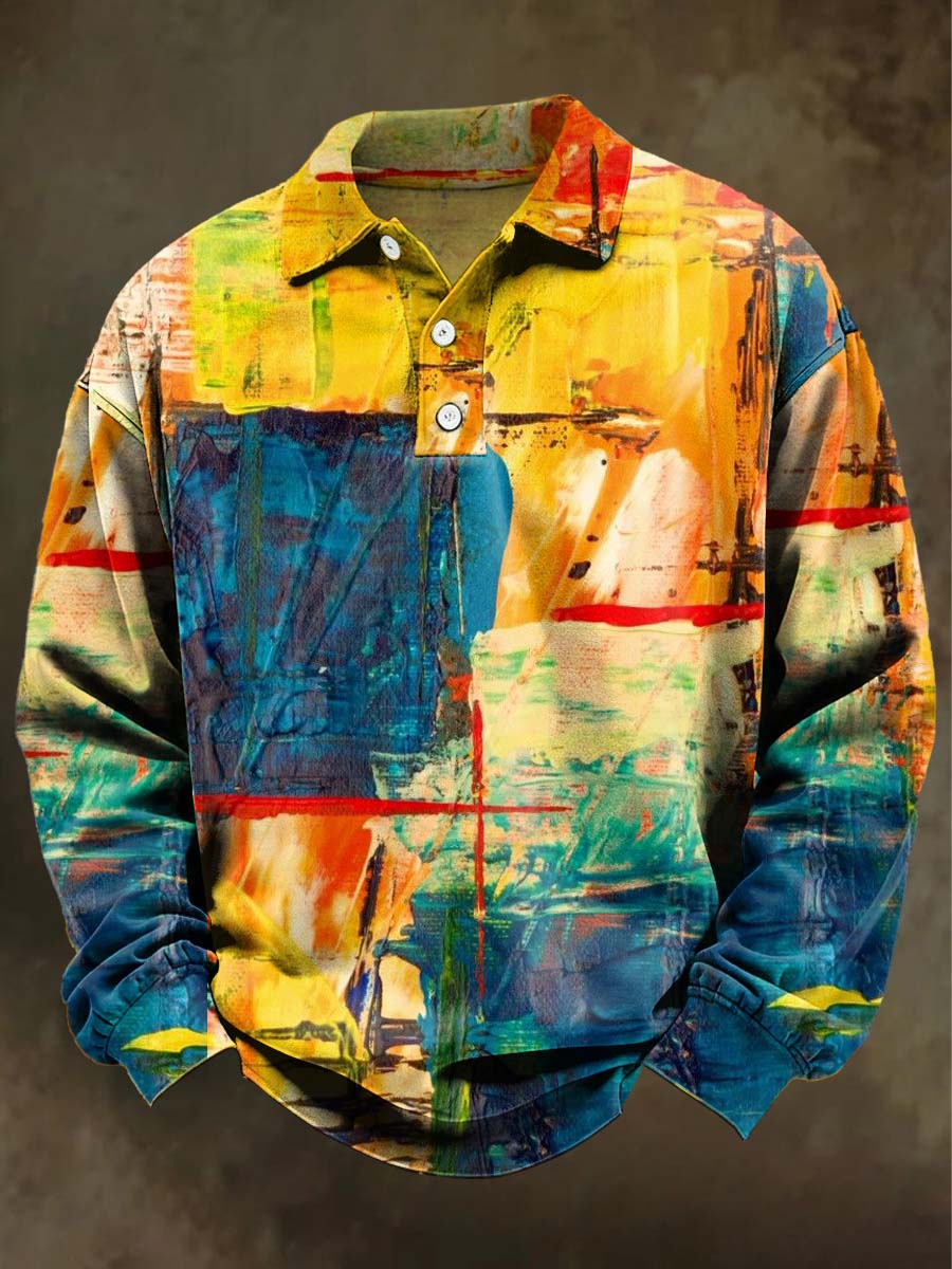 Abstract Oil Painting Color-Blocked Print Casual Long-Sleeve Polo Shirt