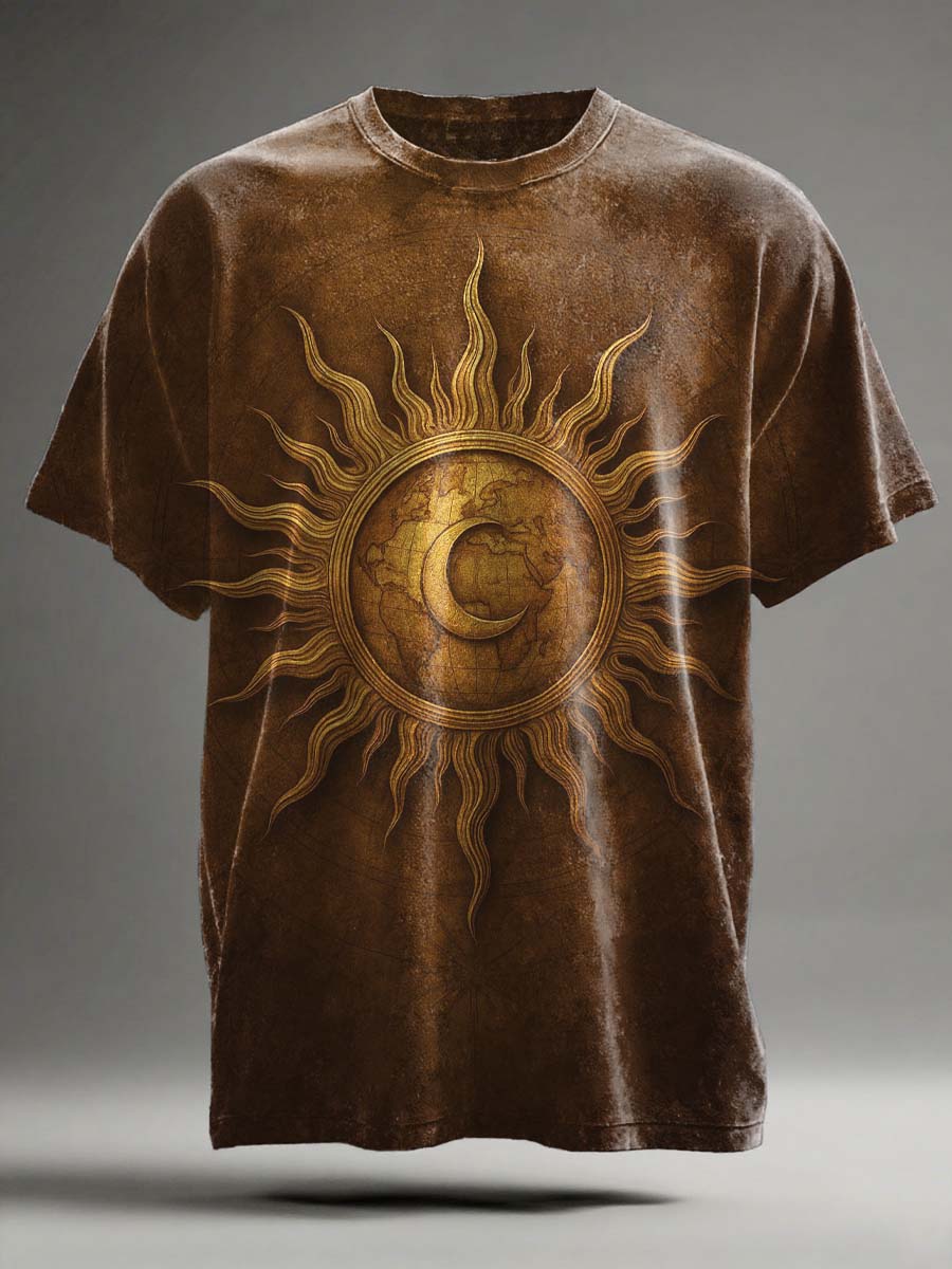 Abstract Sun and Moon Print Casual Short-Sleeve T-Shirt