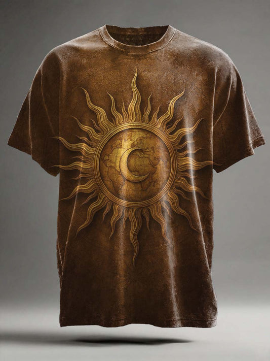 Abstract Sun and Moon Print Casual Short-Sleeve T-Shirt
