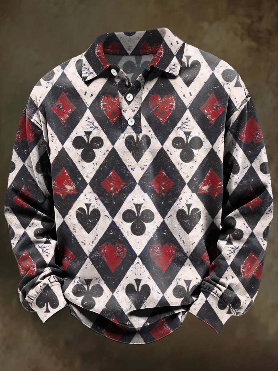 Abstract Playing Card Print Casual Long-Sleeve Polo Shirt