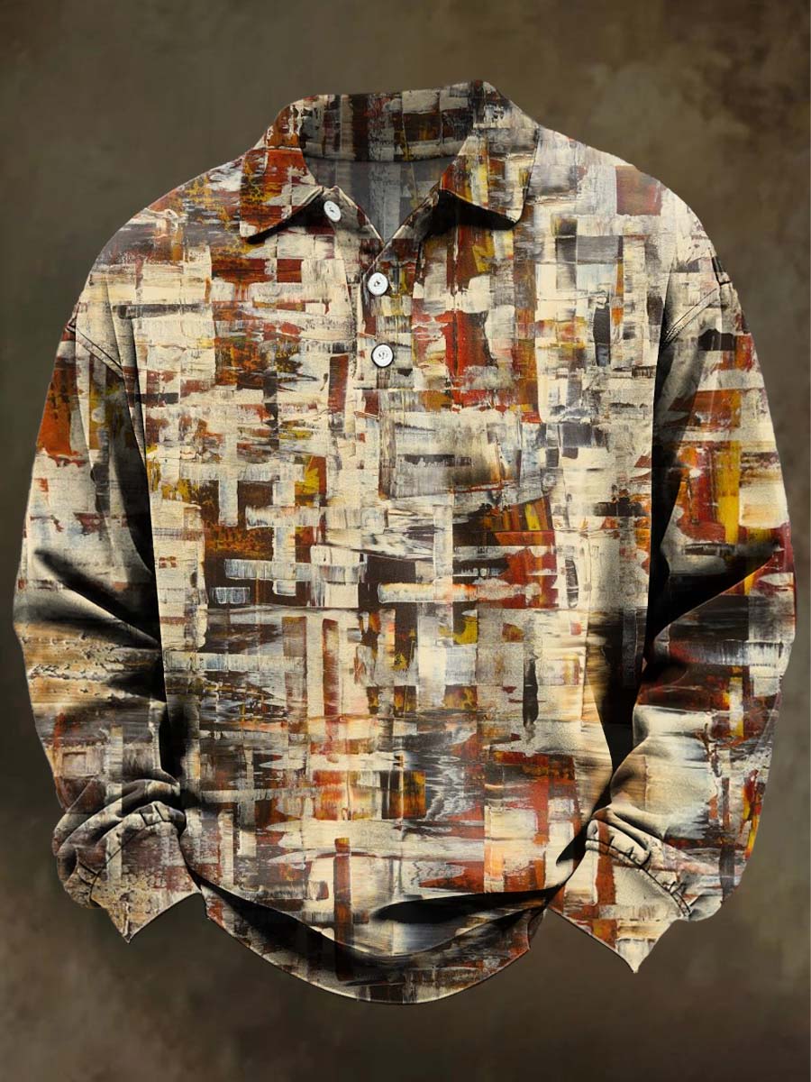 Abstract Oil Painting Weave Print Casual Long-Sleeve Polo Shirt