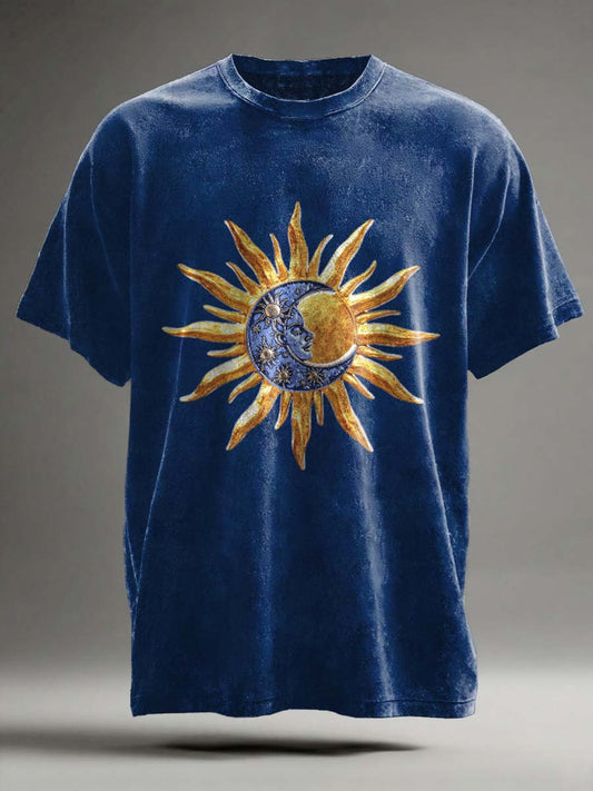 Abstract Sun and Moon Print Casual Short-Sleeve T-Shirt