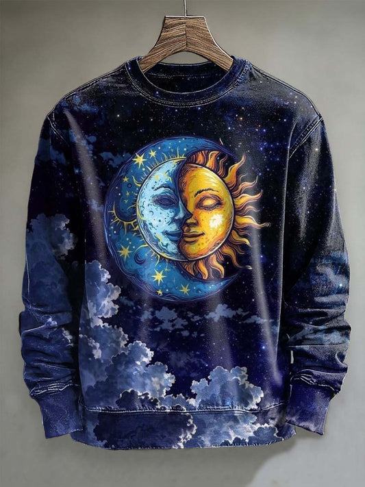 Starry Sky Moon Sun Print Casual Crewneck Sweatshirt