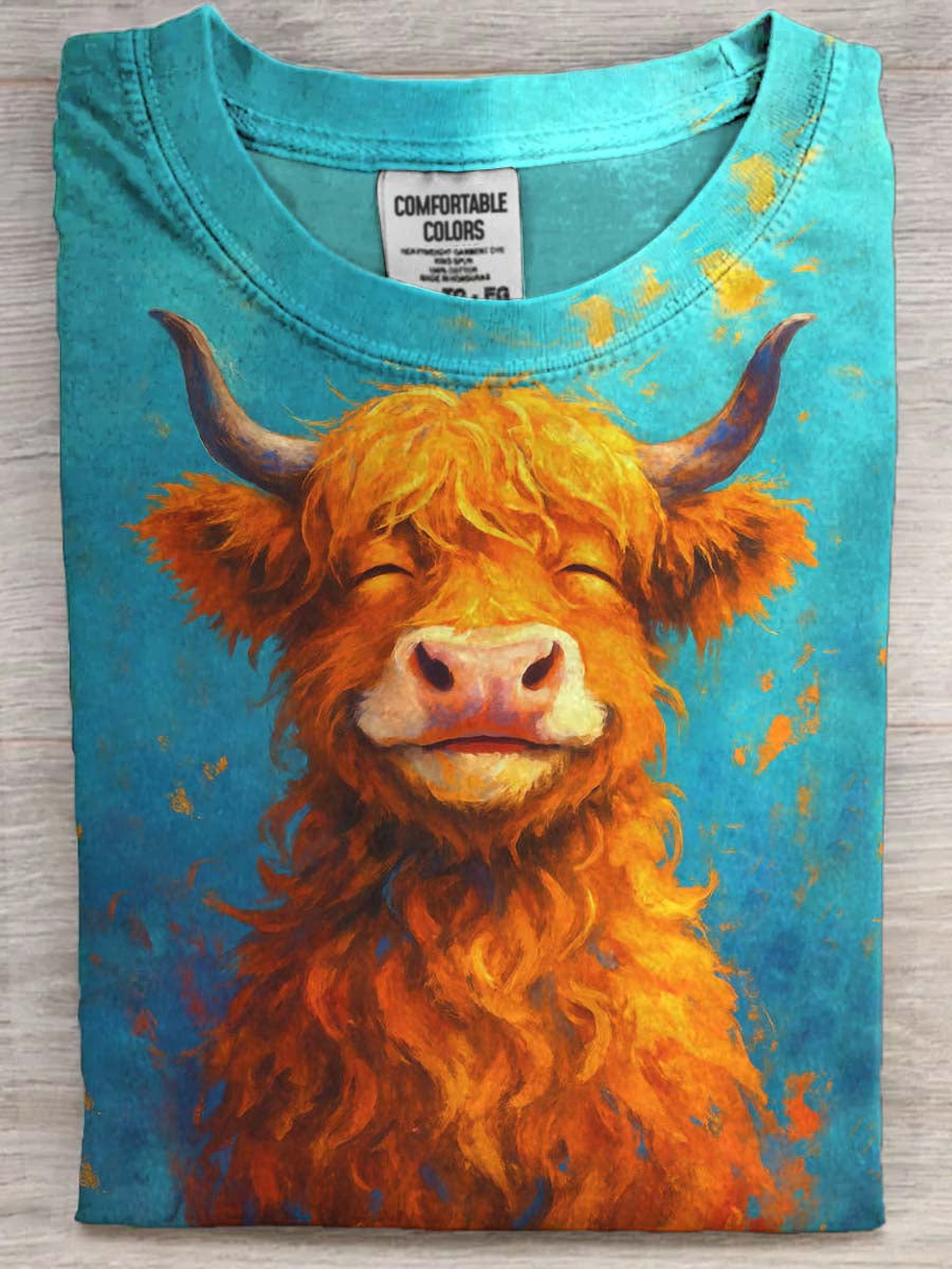 Abstract Oil Painting Highland Cow Print Casual Short-Sleeve T-Shirt