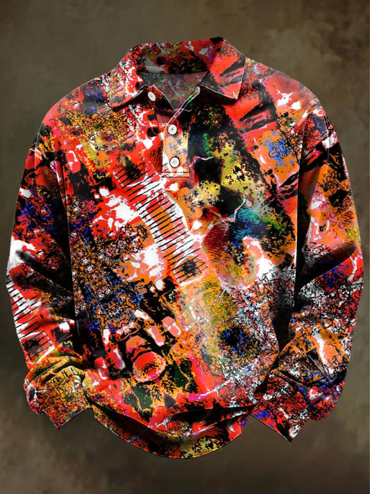 Abstract Art Print Casual Long-Sleeve Polo Shirt