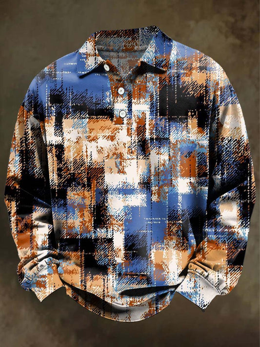 Abstract Oil Painting Color-Blocked Print Casual Long-Sleeve Polo Shirt