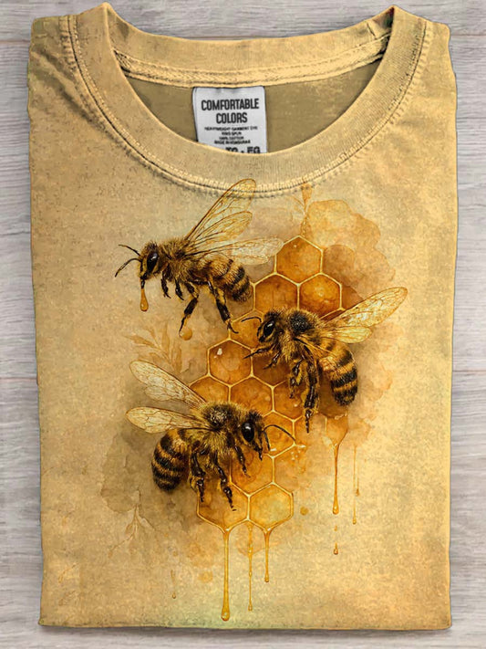 Honeycomb Bee Print Casual Short-Sleeve T-Shirt