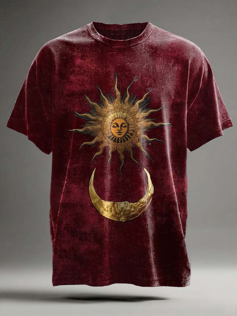 Abstract Sun and Moon Print Casual Short-Sleeve T-Shirt