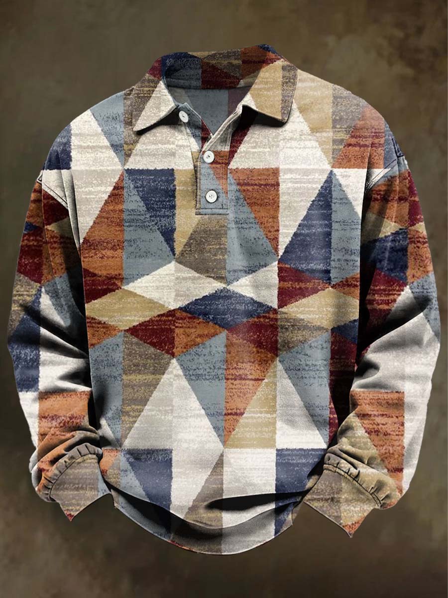 Abstract Geometric Print Casual Long-Sleeve Polo Shirt