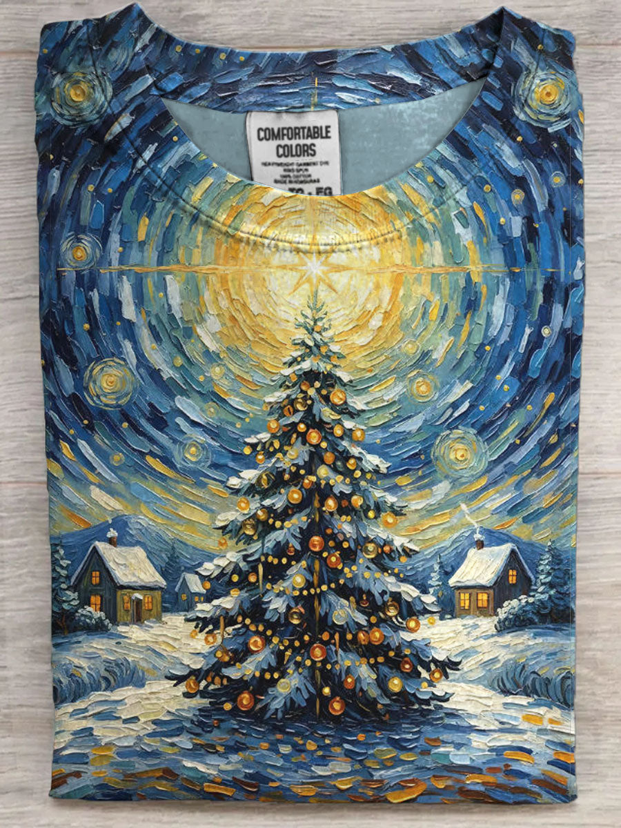 Abstract Oil Painting Christmas Tree Print Casual Short-Sleeve T-Shirt
