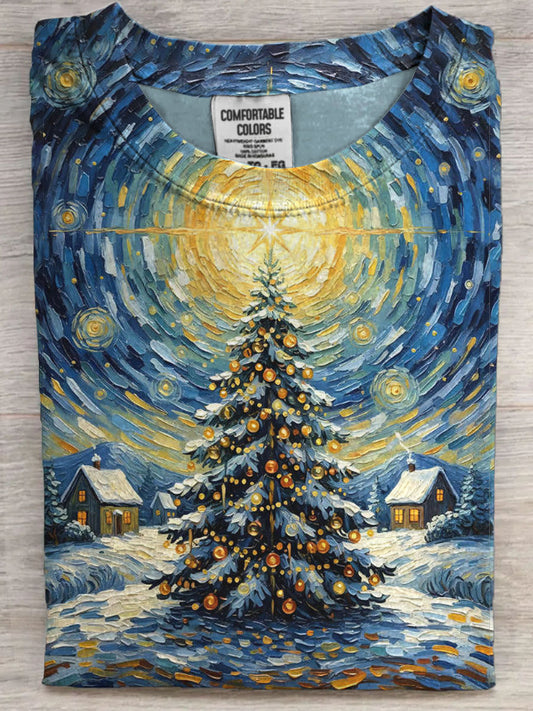 Abstract Oil Painting Christmas Tree Print Casual Short-Sleeve T-Shirt