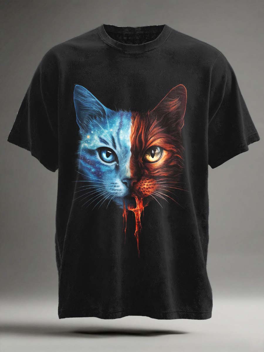 Abstract Ice Cat Print Casual Short-Sleeve T-Shirt