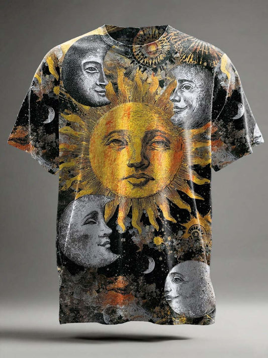 Abstract Moon and Sun Print Casual Short-Sleeve T-Shirt