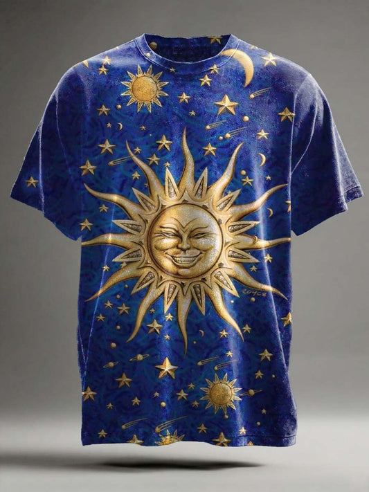 Abstract Sun and Moon Print Casual Short-Sleeve T-Shirt